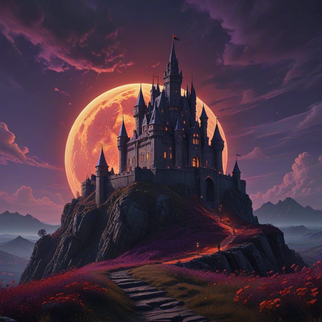 Dark Fantasy Castle Under Red Moon