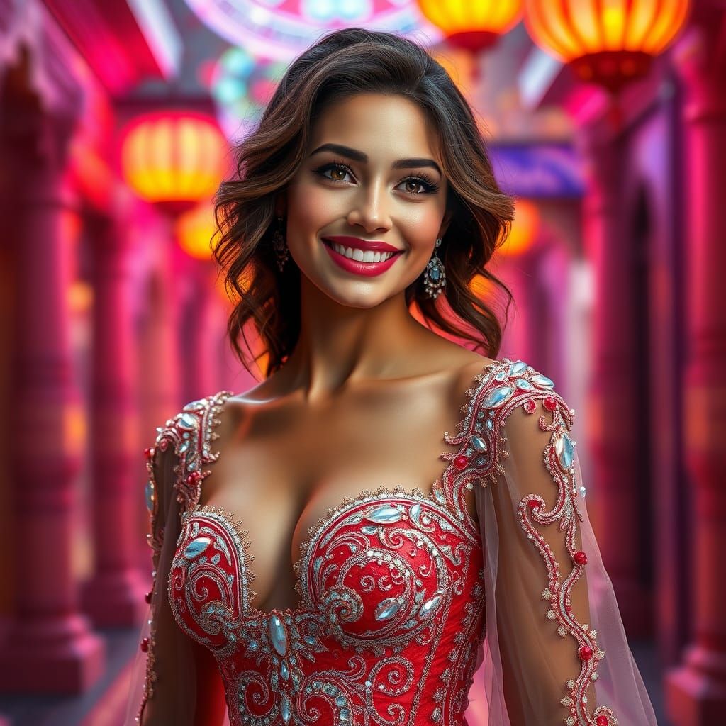 Radiant Woman in Crystal Dress on Illuminated Street
