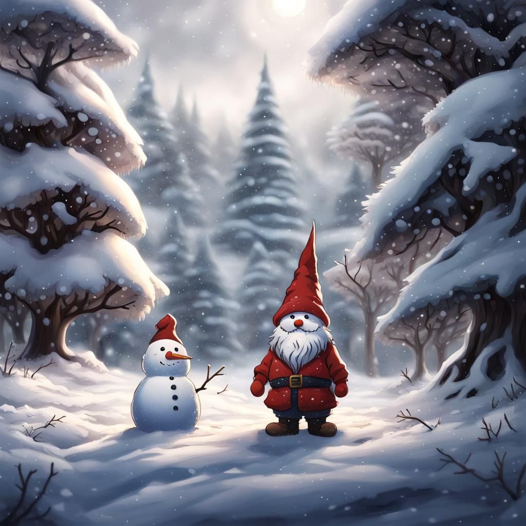 Hyperrealistic Snow Gnome in Anime Style Winter Scene