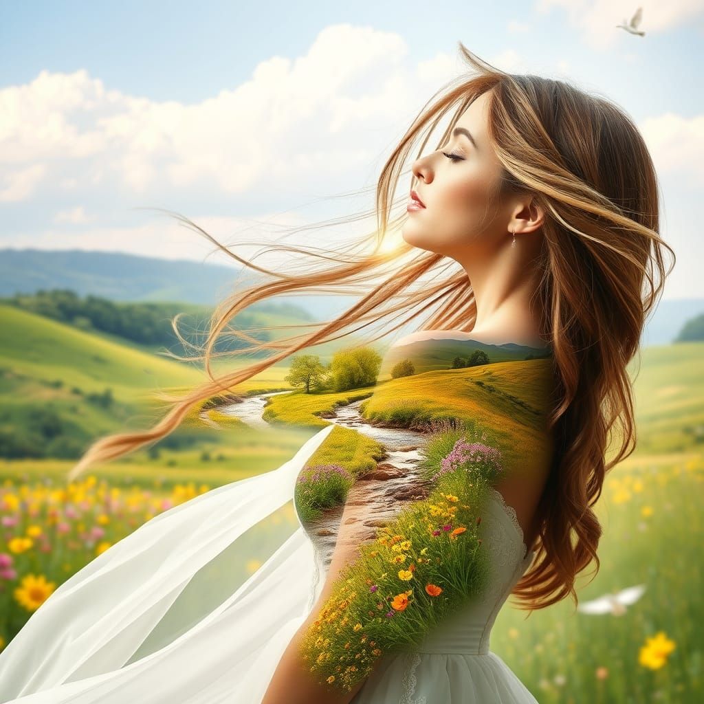 Ethereal Woman in Flowing Gown Amidst Vibrant Spring Landsca...