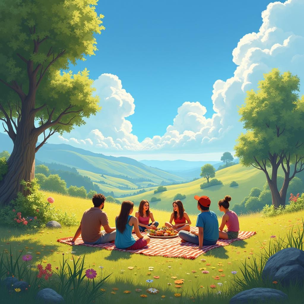 Adventurers' Picnic in Sun-Drenched Meadow: Fantasy Concept ...
