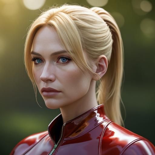 Blonde Woman in Red Latex Dress: Golden Hour Photo