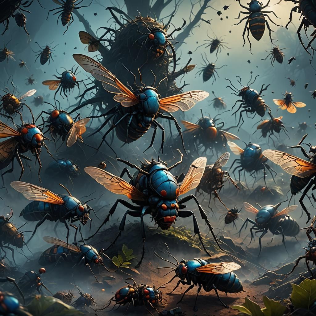 Grotesque Insects Engulf Eerie Landscape in Dark Fantasy Art