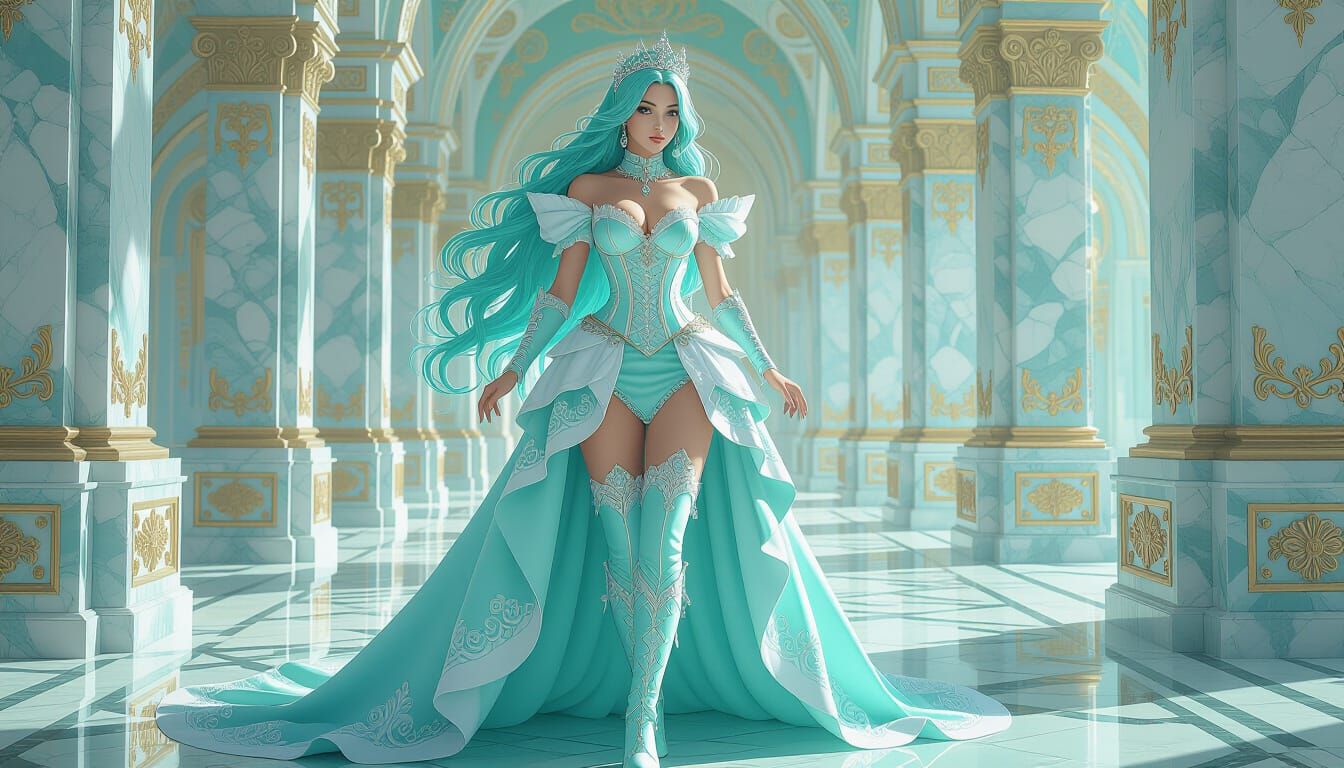 Steampunk Queen in Pastel Turquoise Amidst Marble Grandeur