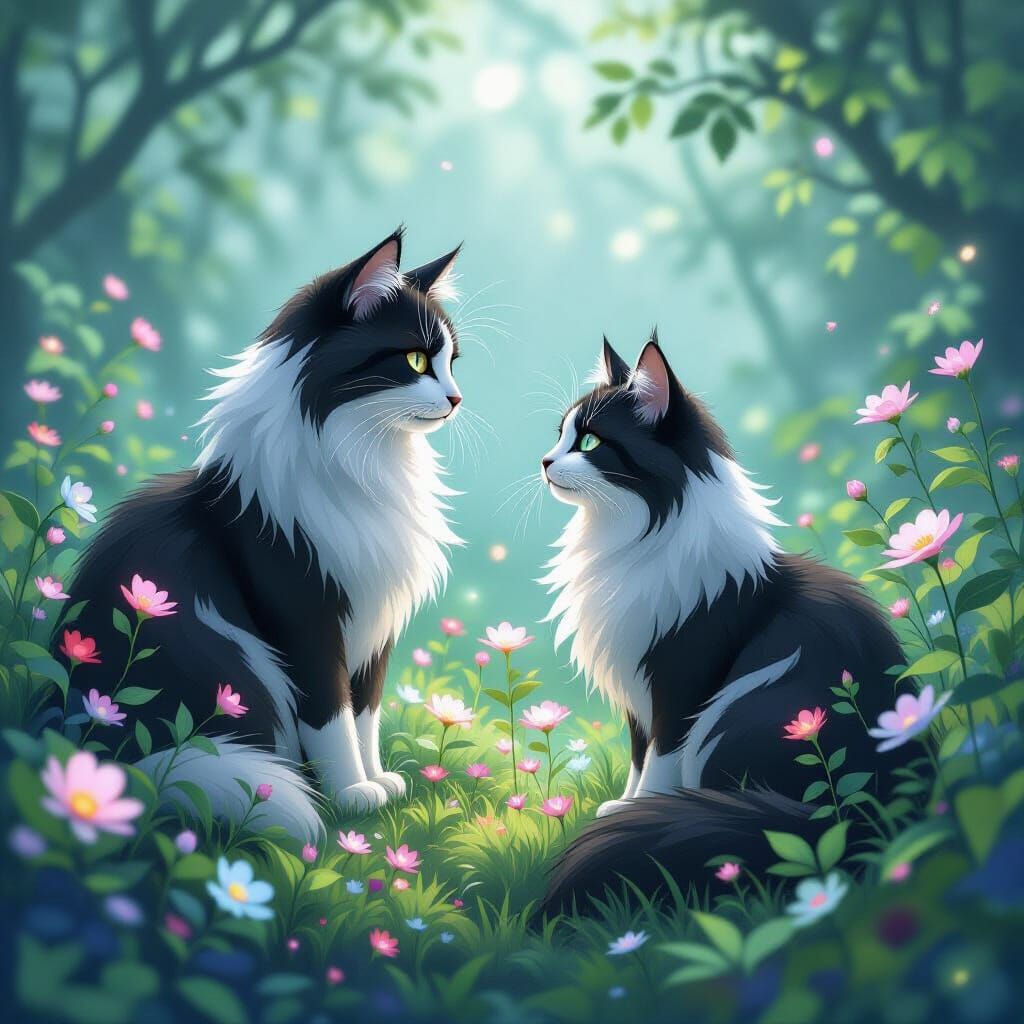 Mystical Garden Tended by Feline Spirit in Whimsical Style