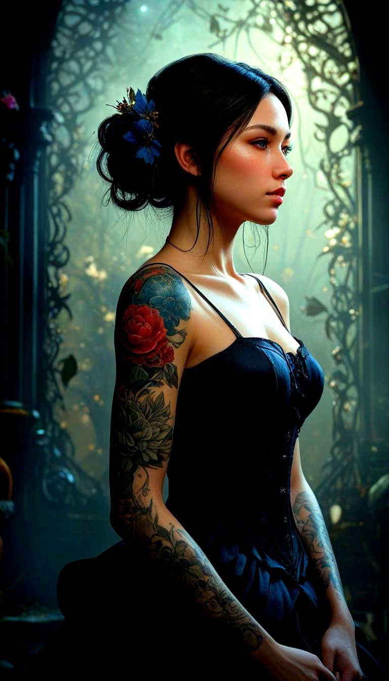 Gothic Woman with Tattoos and Silver Moon