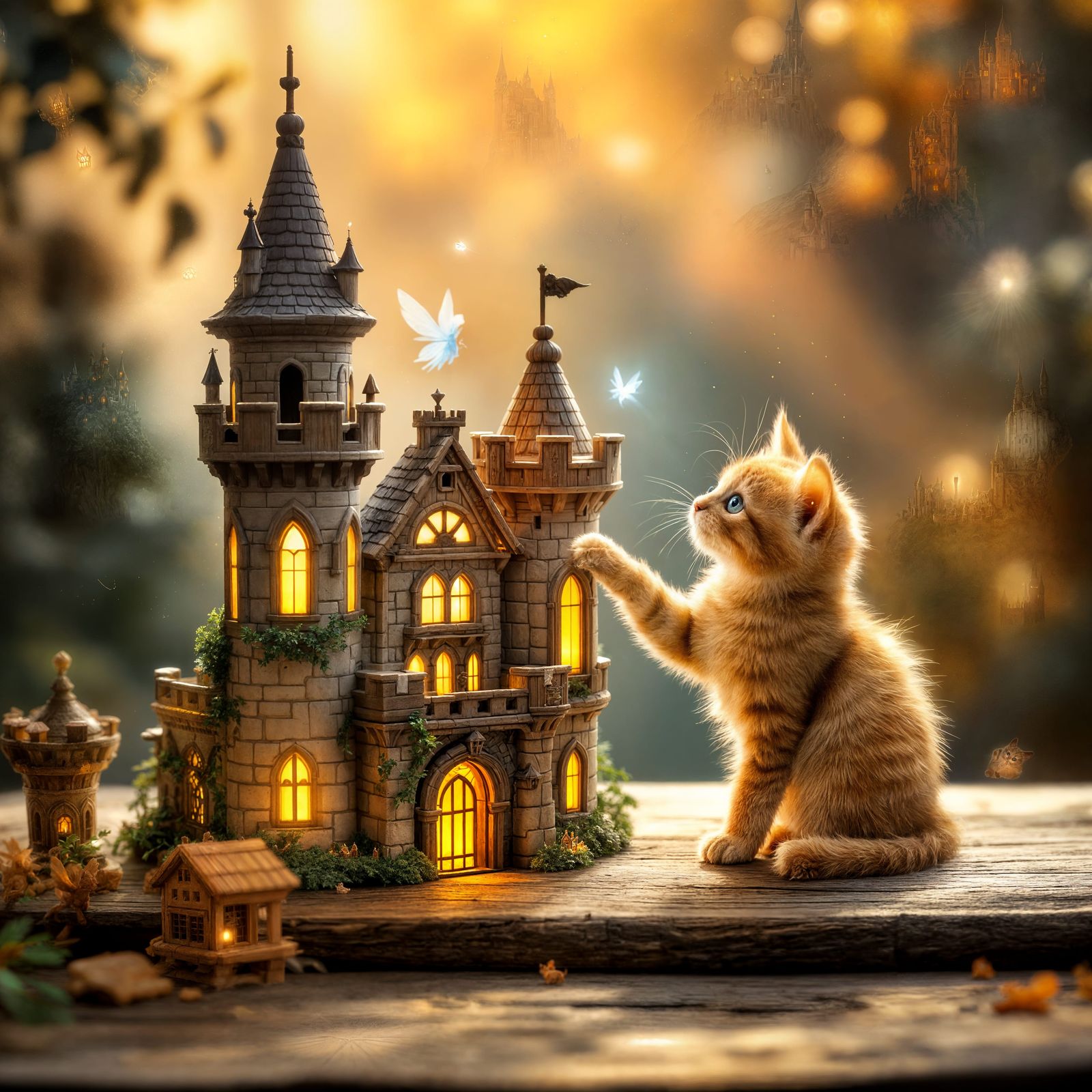 Whimsical Woodland Scene with Fairy and Kitten