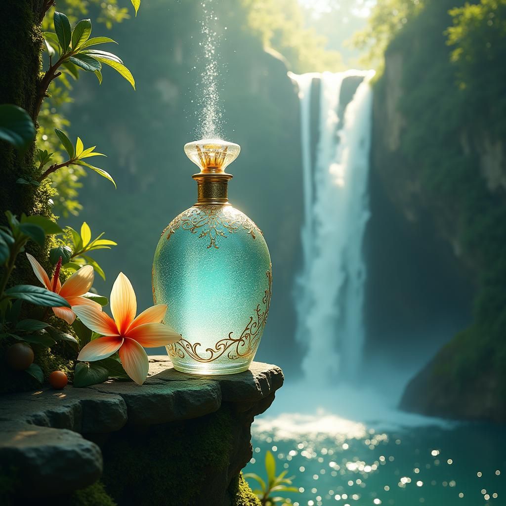 Crystal Bottle on Cliffside in Art Nouveau Style