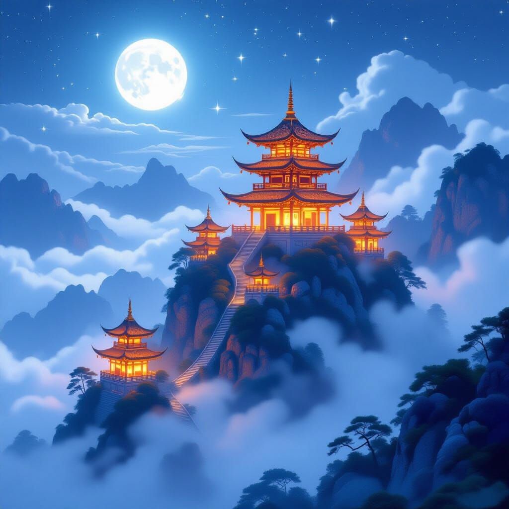 Glowing Pagodas on Star-Dusted Mountain Peak
