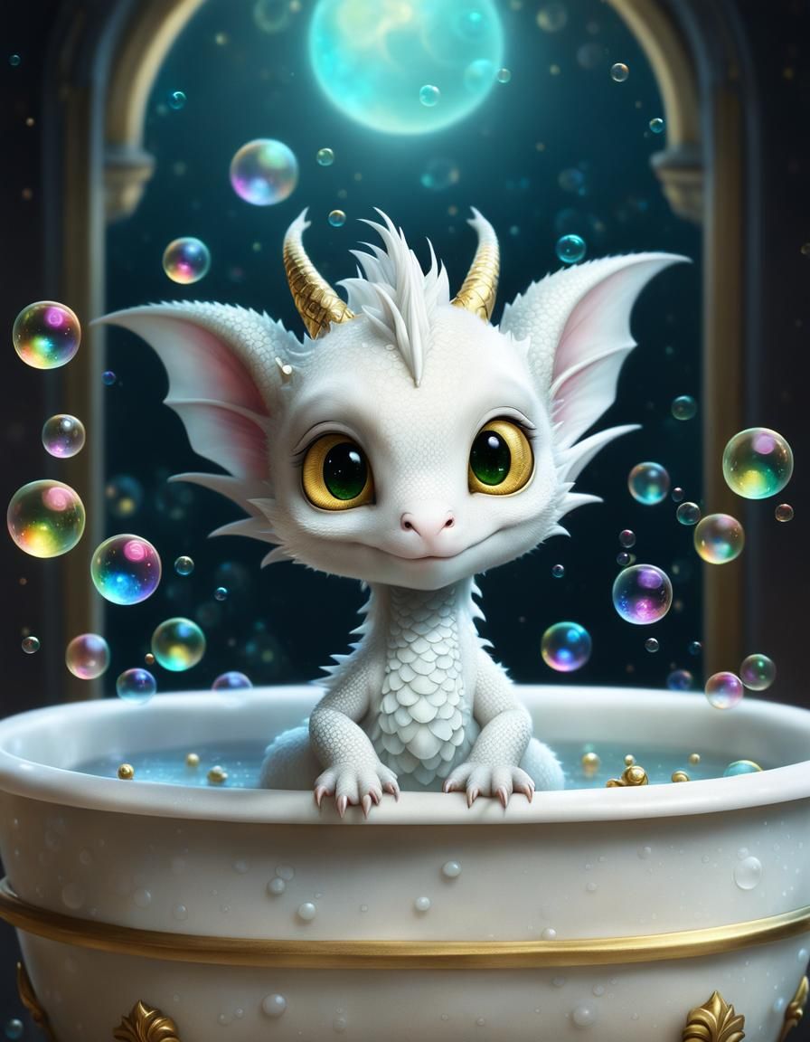 Baby dragon taking a bath