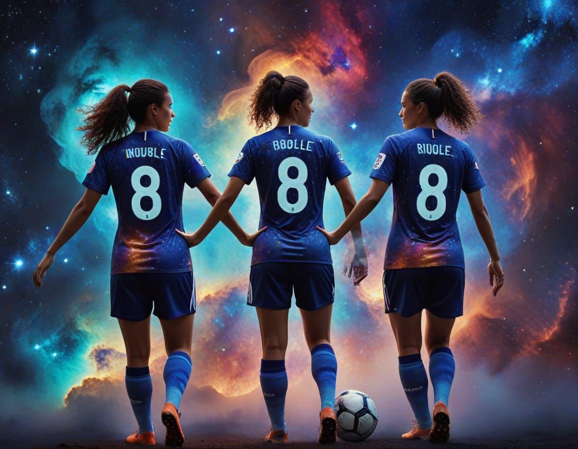 Three Soccer Players in Cosmic Galaxy Jerseys