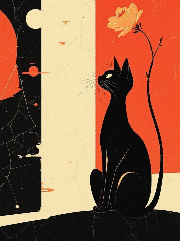 Cat with Flower in Art Deco Ukiyo-e Style