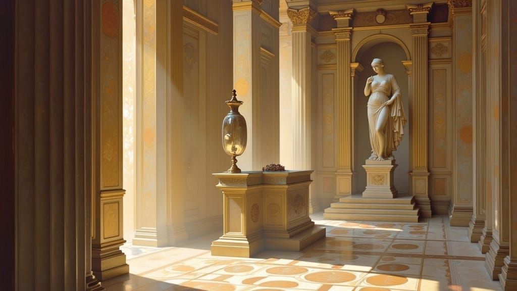 Neoclassical Temple Interior with Aphrodite Statue