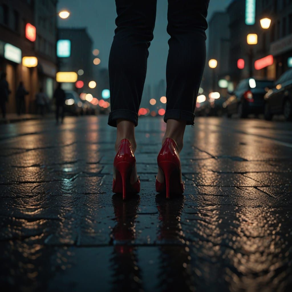 Woman's Red Heels on Wet City Street at Night