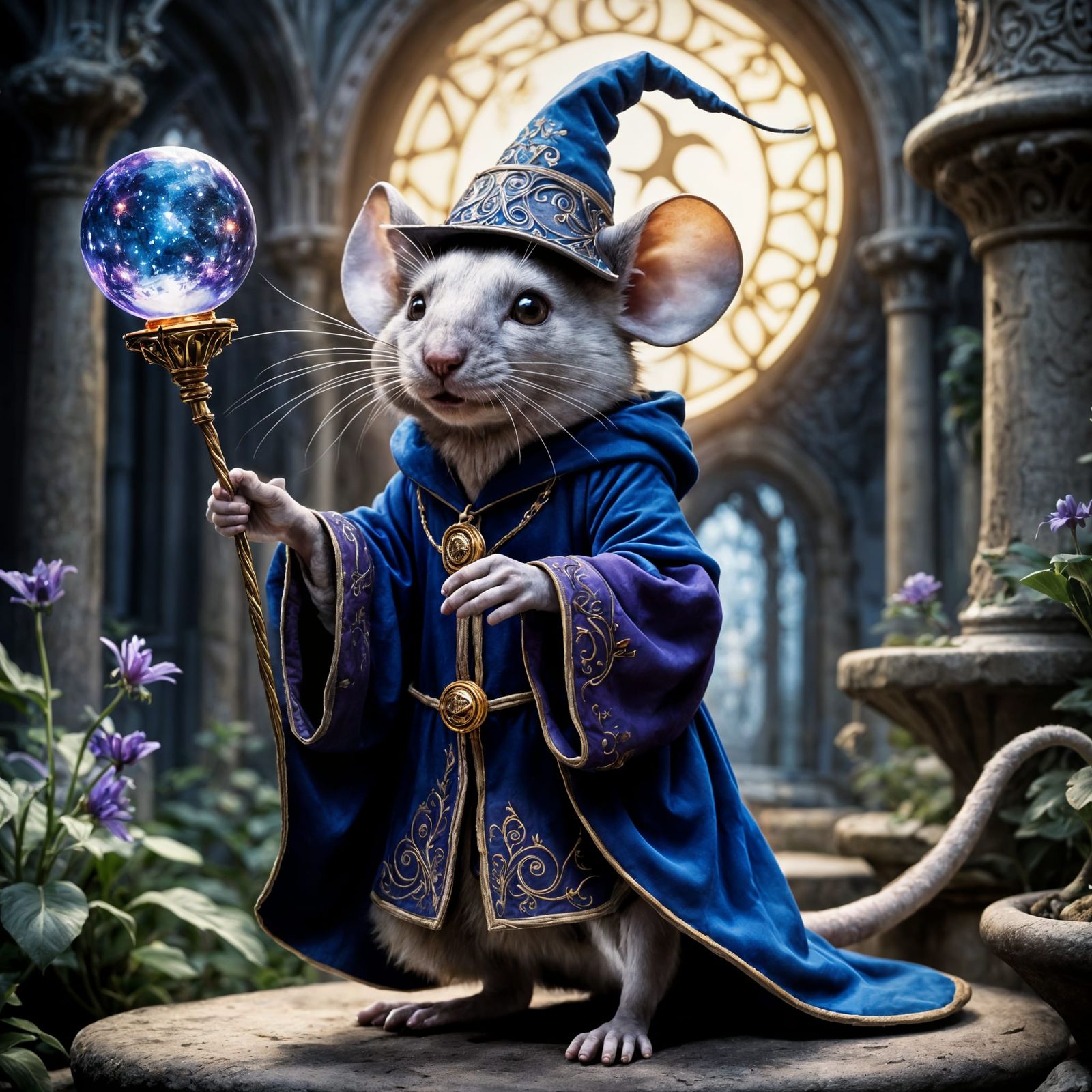 Intricately Dressed Mouse Wizard in Enchanted Castle Setting