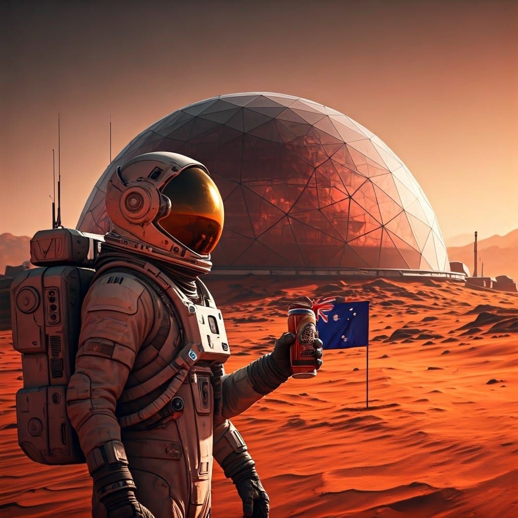 Astronaut Celebrates Mars Landing with Beer in Futuristic Au...