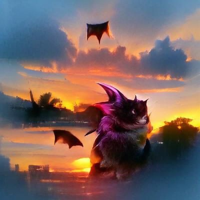 Hybrid Bat-Cat-Dragon Silhouette at Sunset