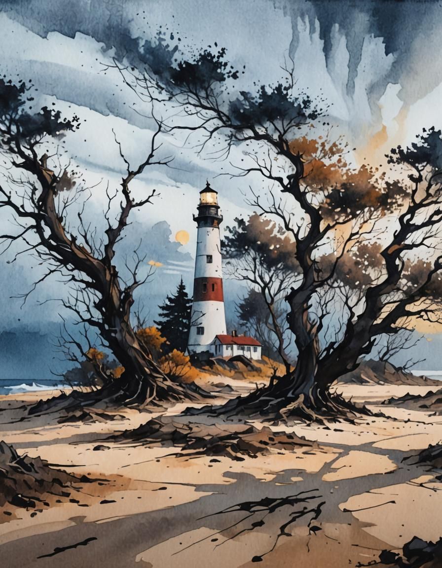 Modern European ink painting. A lighthouse stands through twisted, gnarly trees, on sandy and rocky soil. Atmospheric pe...
