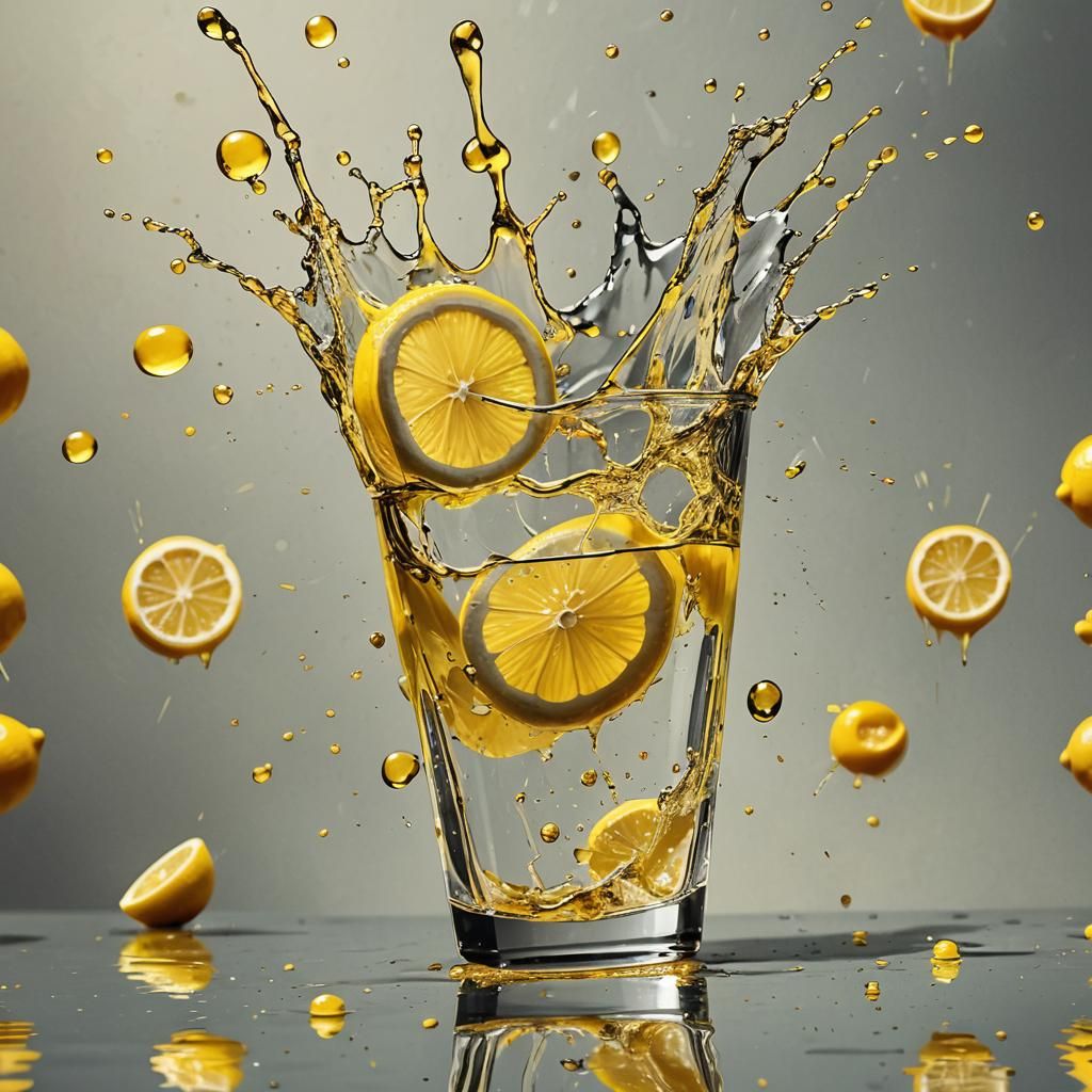 "Splash a lemon  in a glass with a yellow liquid " splatter ...