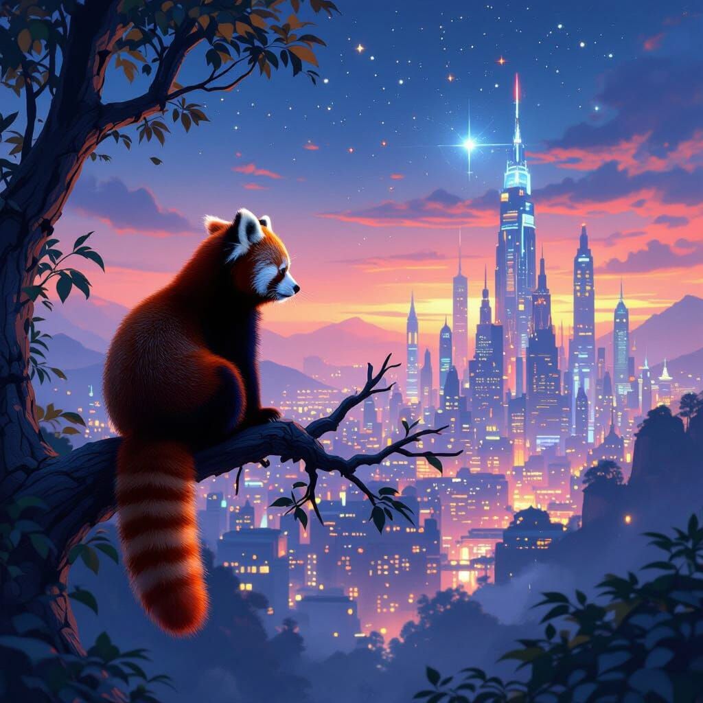 Red Panda Gazes at Glowing Cityscape at Twilight