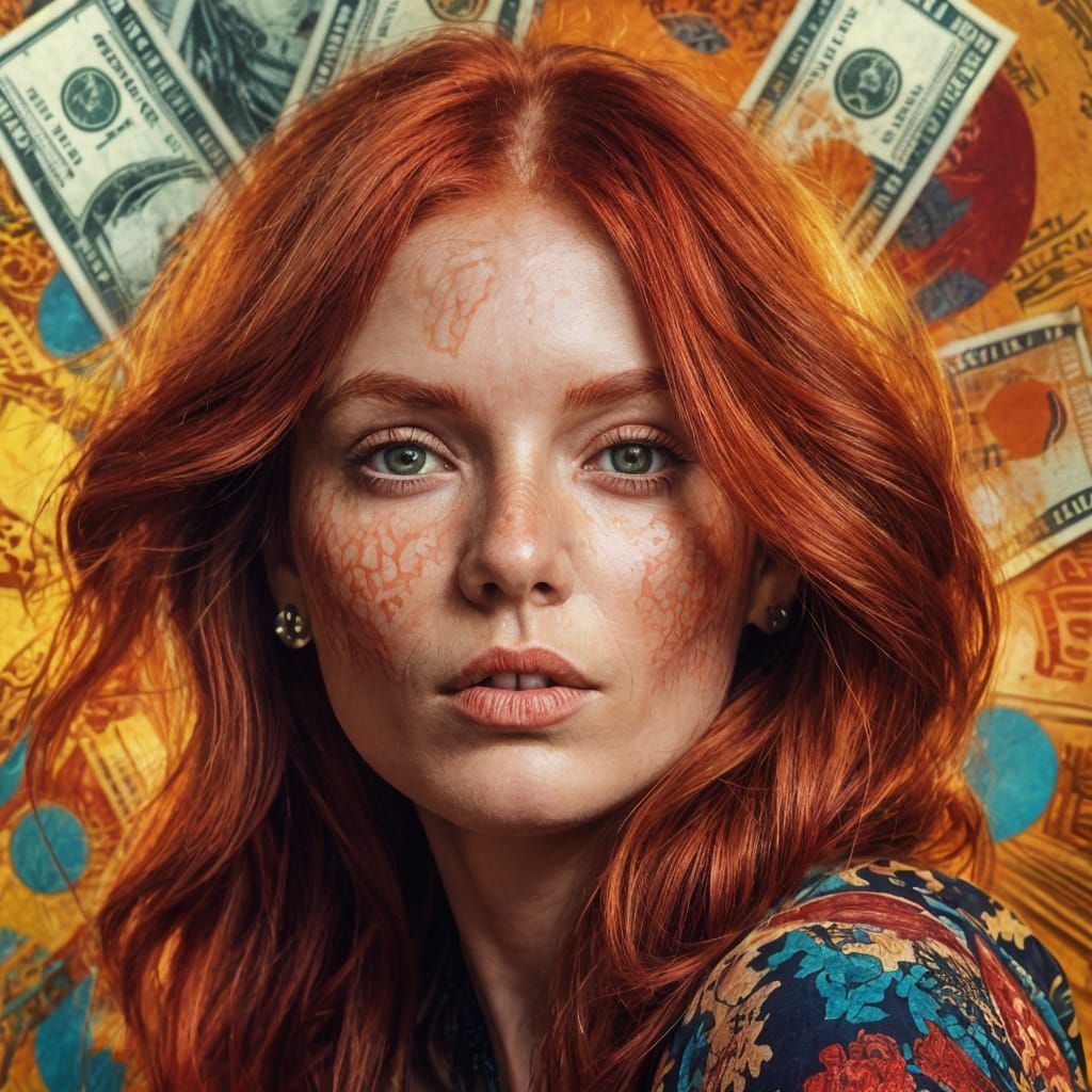 Boho Fashion Woman with Red Hair in Money Print Fabric