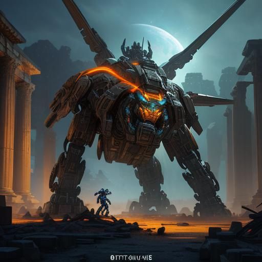 Mecha Tiger Versus Velociraptor in Ancient Ruins