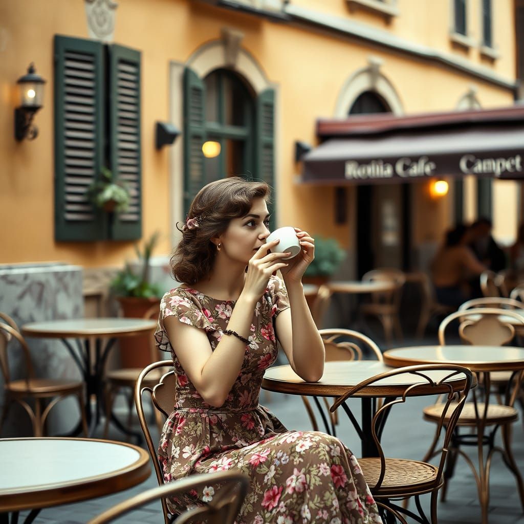 Vintage Woman Sipping Espresso at Roman Cafe