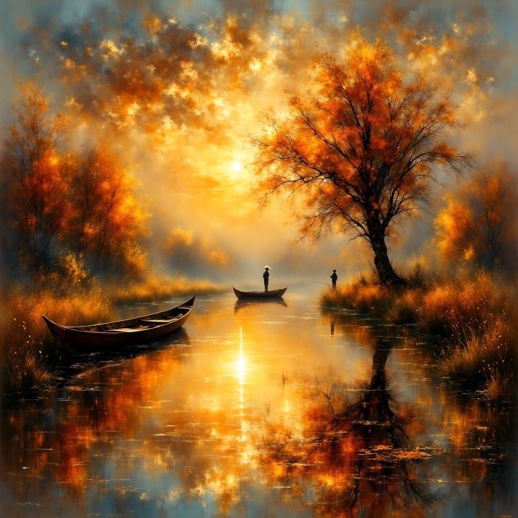 Surrealist Sunset Pond Scene with Twisted Tree and Fishing M...