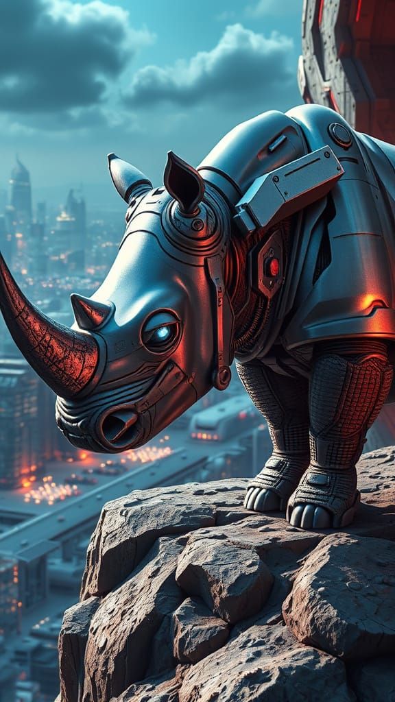 Cybernetic Rhinoceros Overlooking Futuristic Cityscape