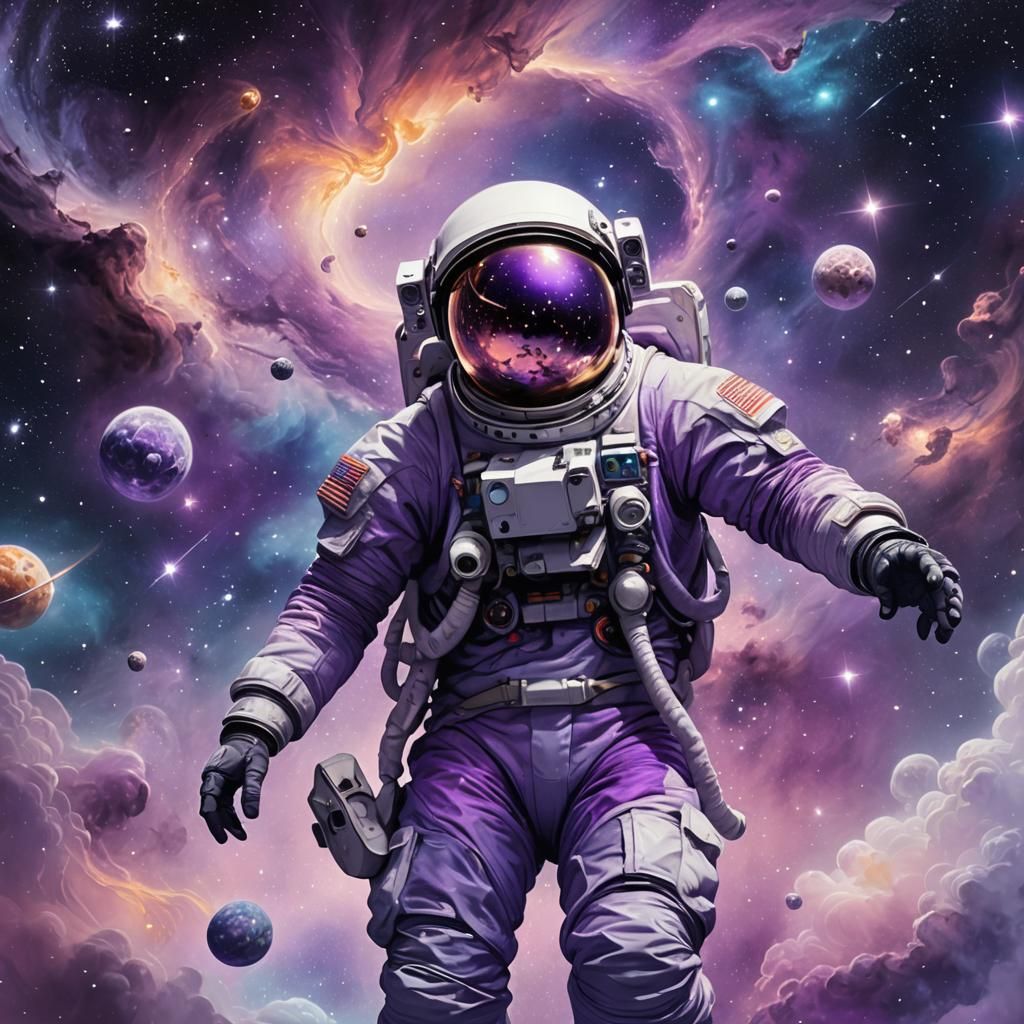 Surreal Astronaut in Space with Purple Galaxies