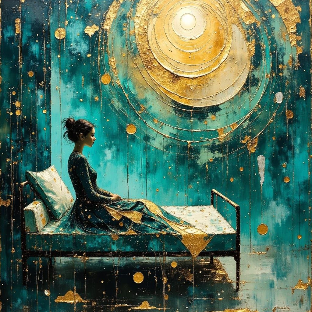 Impasto Expressionist Hospital Scene in Teal and Gold