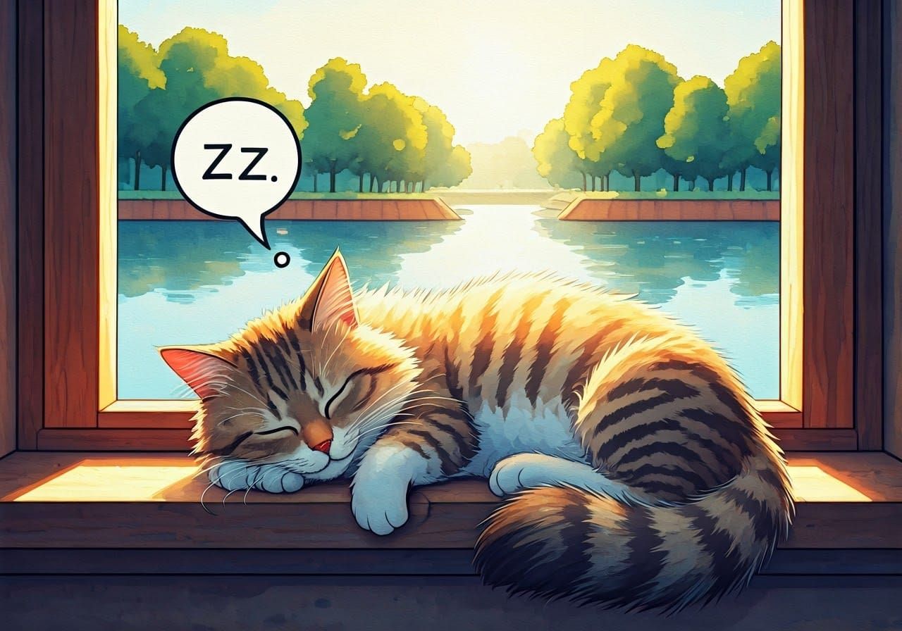 Smiling Tabby Cat's Sunny Nap: Watercolour Illustration