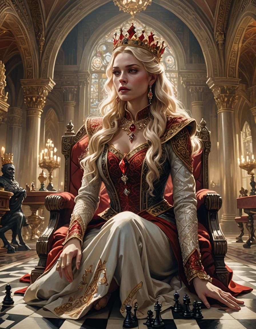 Blonde Queen Playing Chess in High-Fantasy Art Deco Style