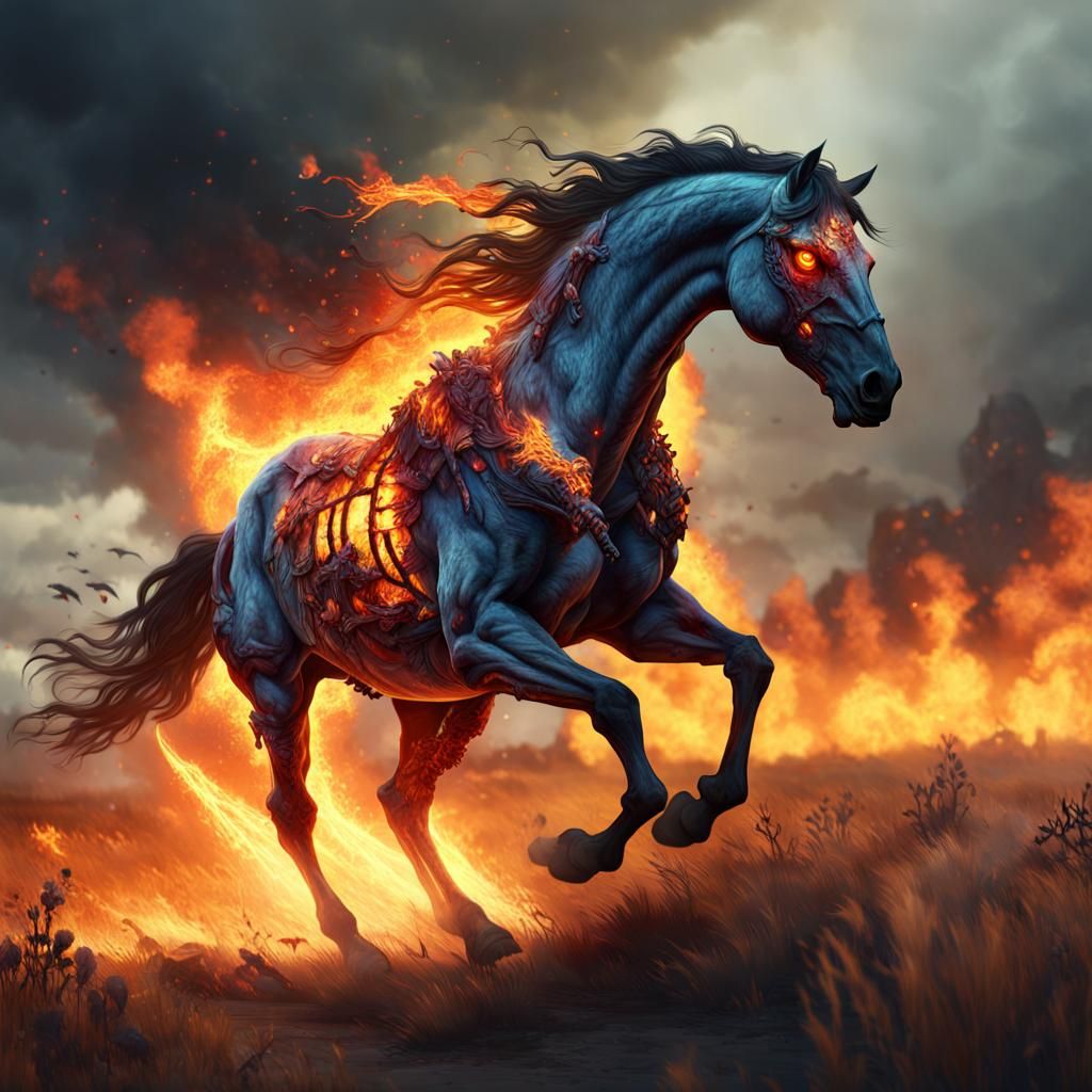 Fiery Zombie Horse Galloping Across Prairie