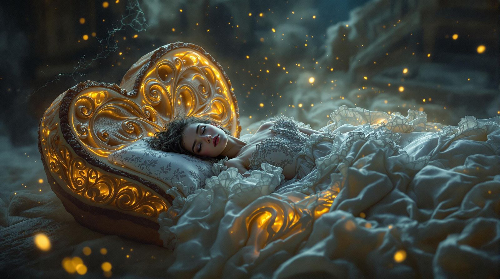 Dreamlike Bread Bed Scene in Dark Fantasy Style