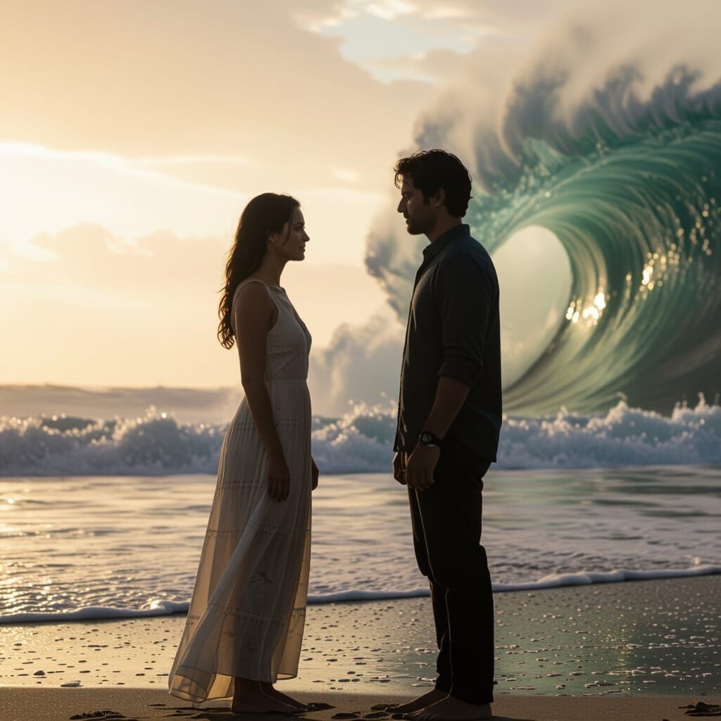 Dramatic Beach Scene with Giant Wave in Film Aesthetic