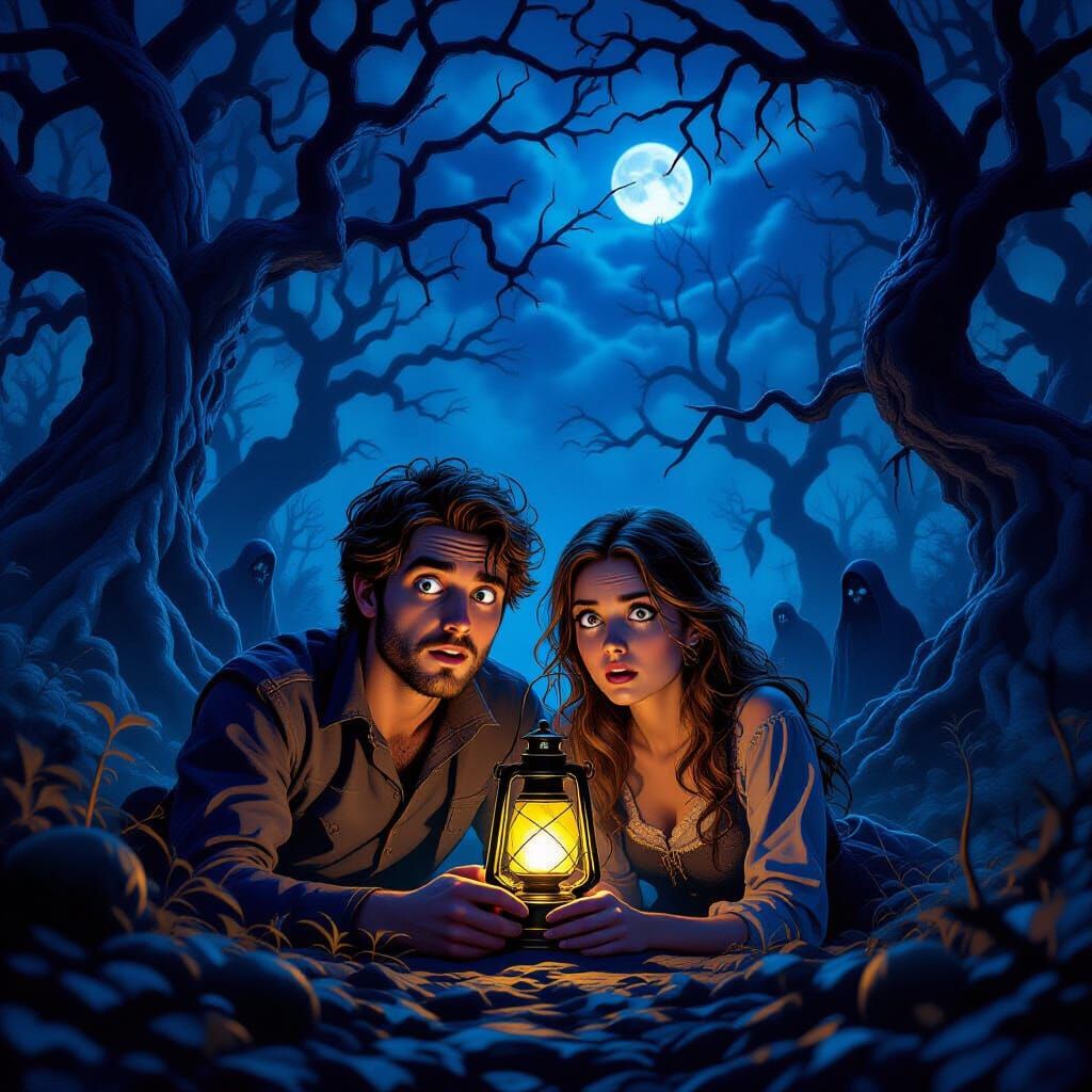 Couple Lost in Haunted Gothic Forest Under Stormy Halloween ...