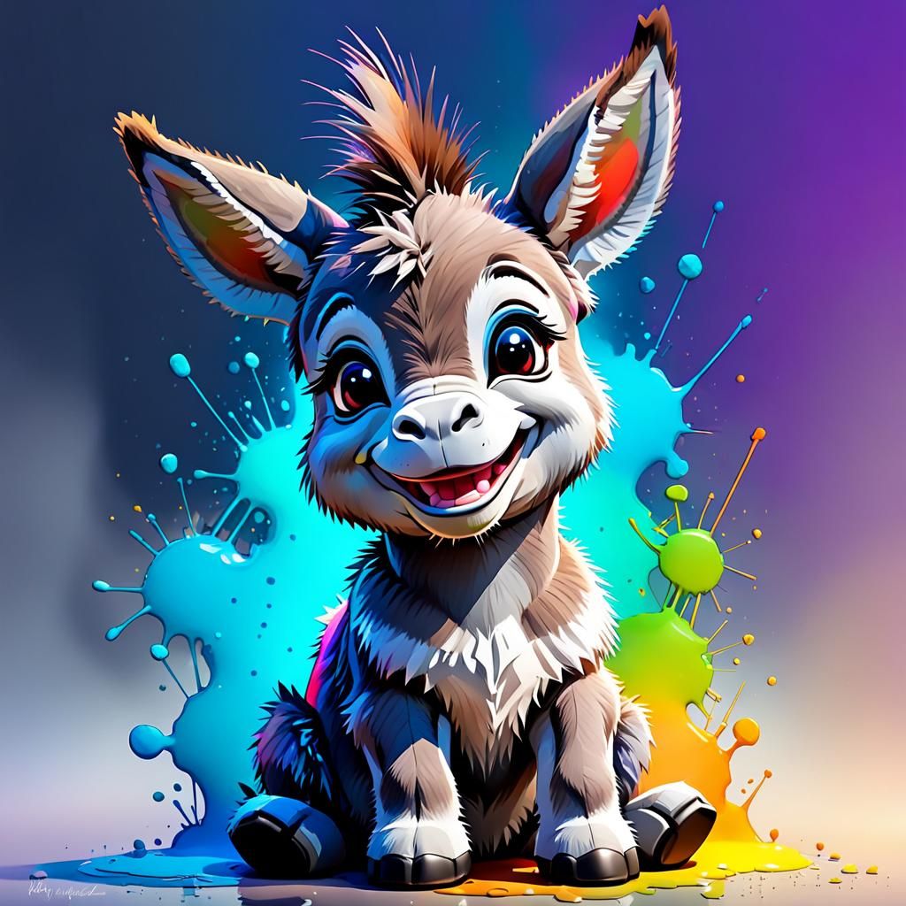 Cute Baby Donkey Smiling in Watercolor Style