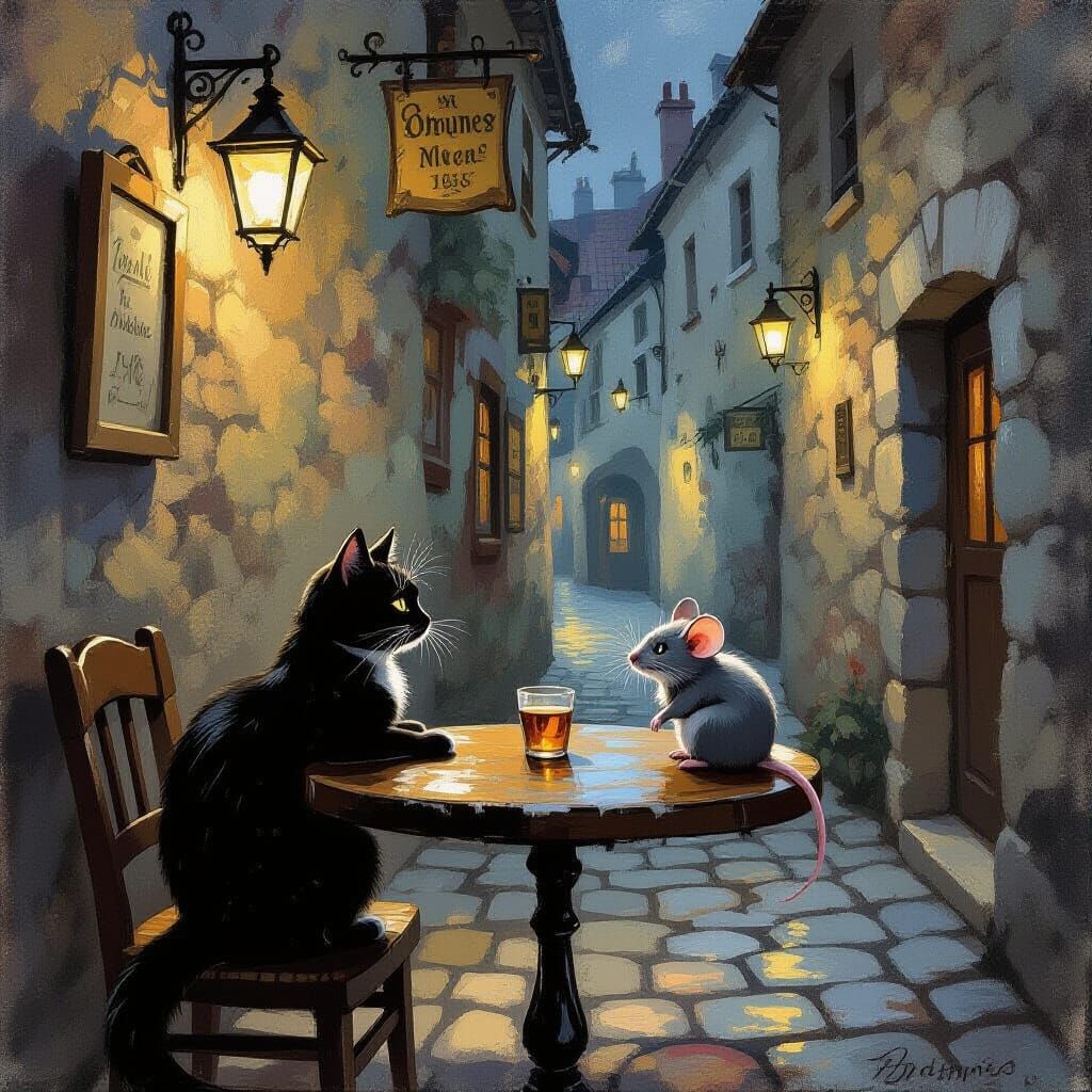 Impressionist Tavern Scene with Cat and Mouse