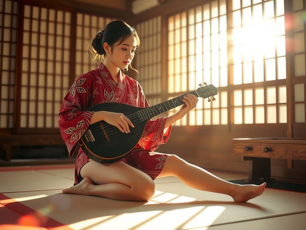 Asian Woman Plays Lute in Golden Hour Japanese Room