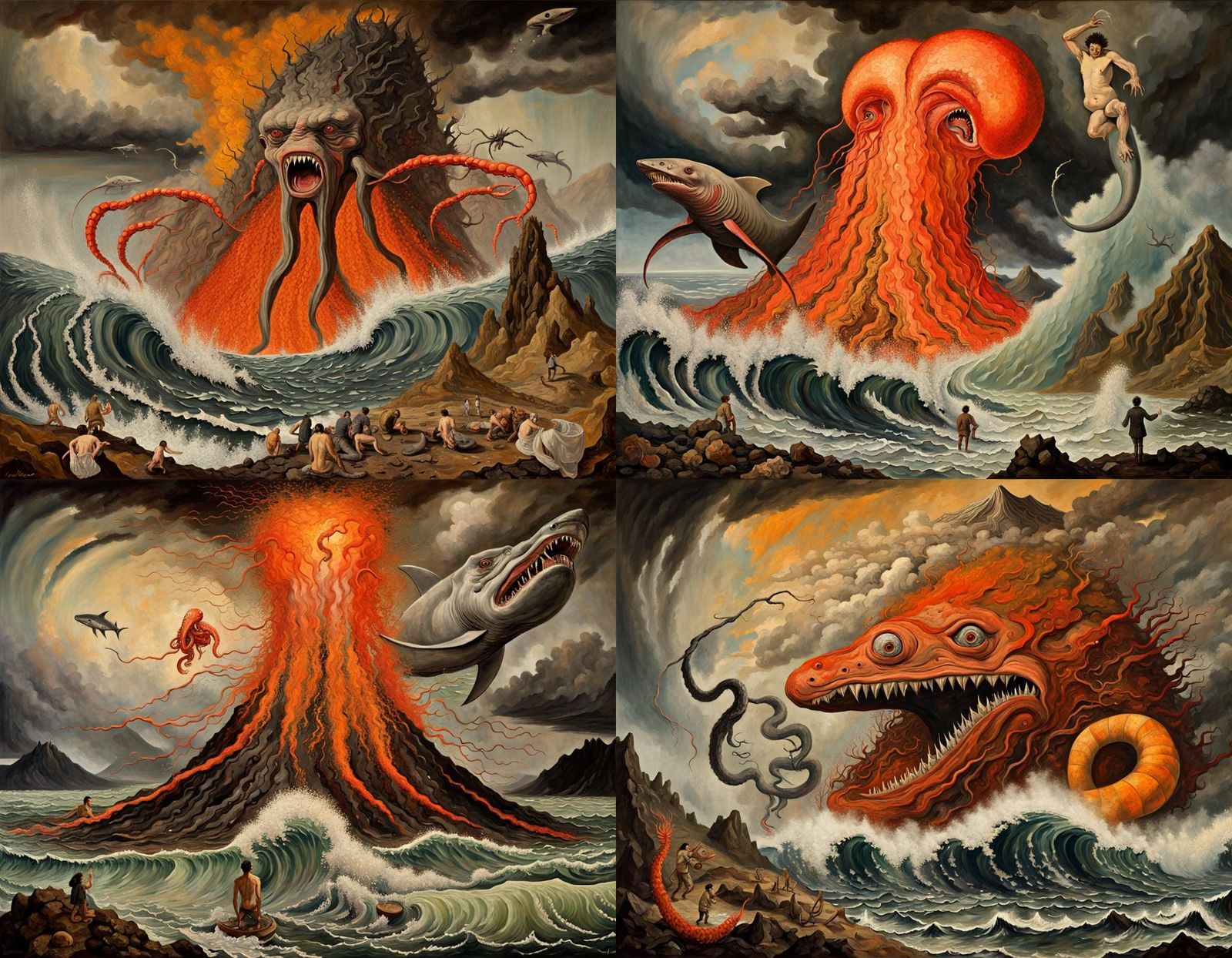 Surreal Hybrid Creature Battle in Volcanic Storm
