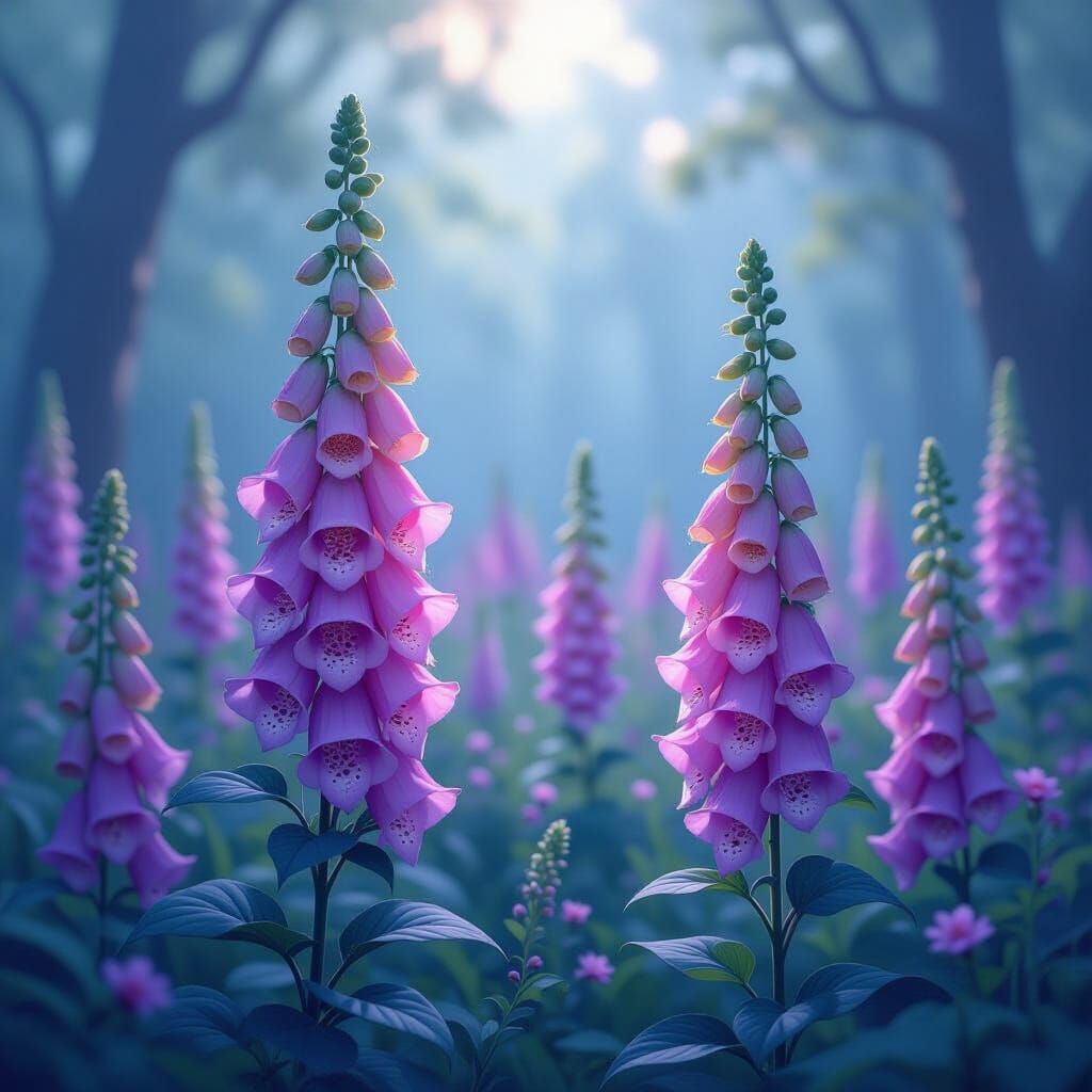 Foxgloves in a Whimsical Forest, Dreamy Art Style