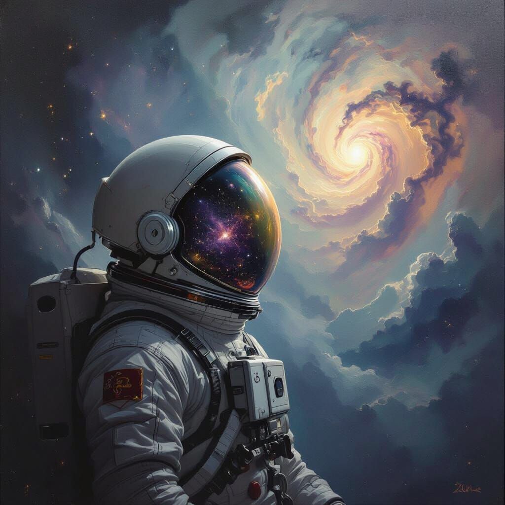 Astronaut Adrift in Nebula's Embrace: Oil Painting Style