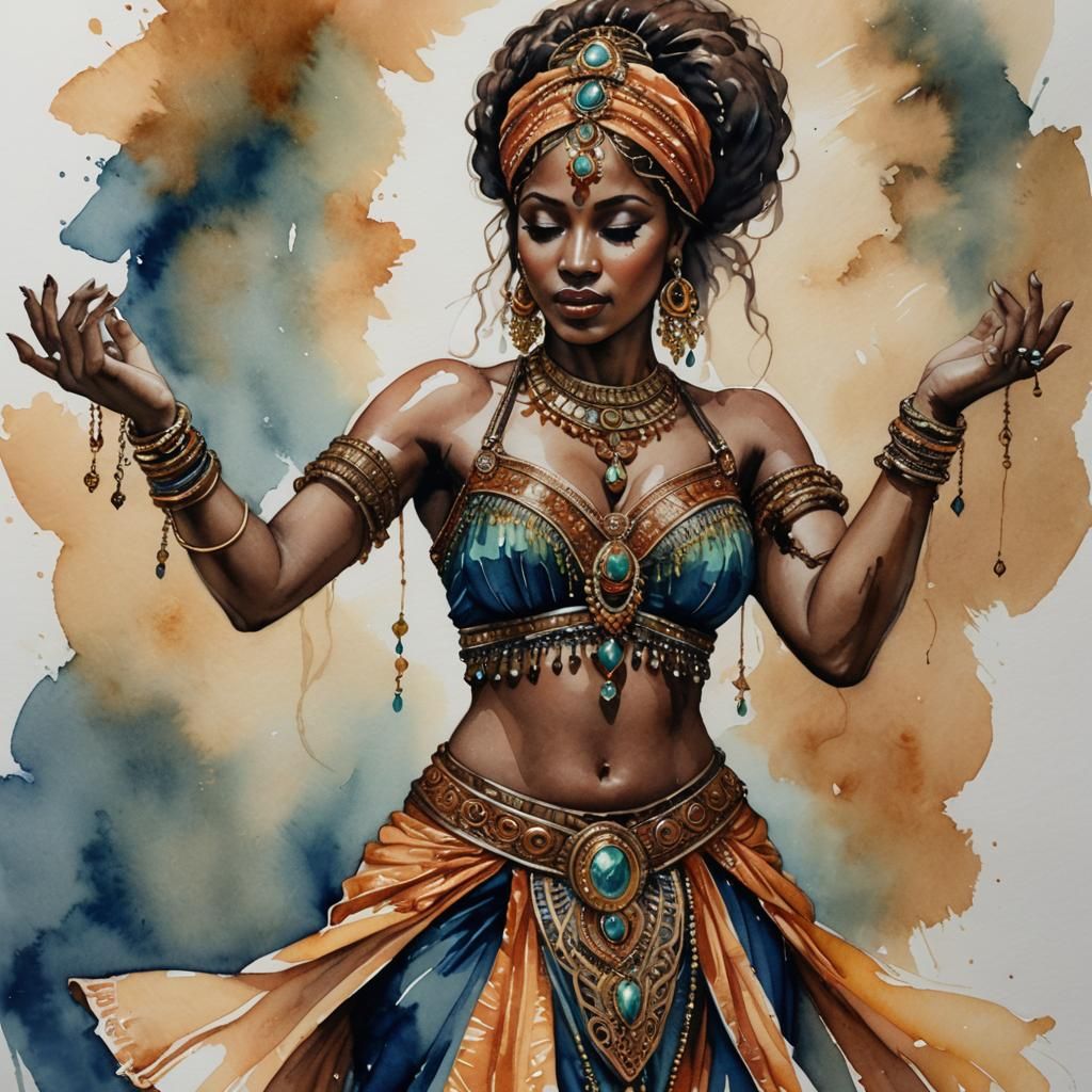 Mystical African Belly Dancer in Watercolor