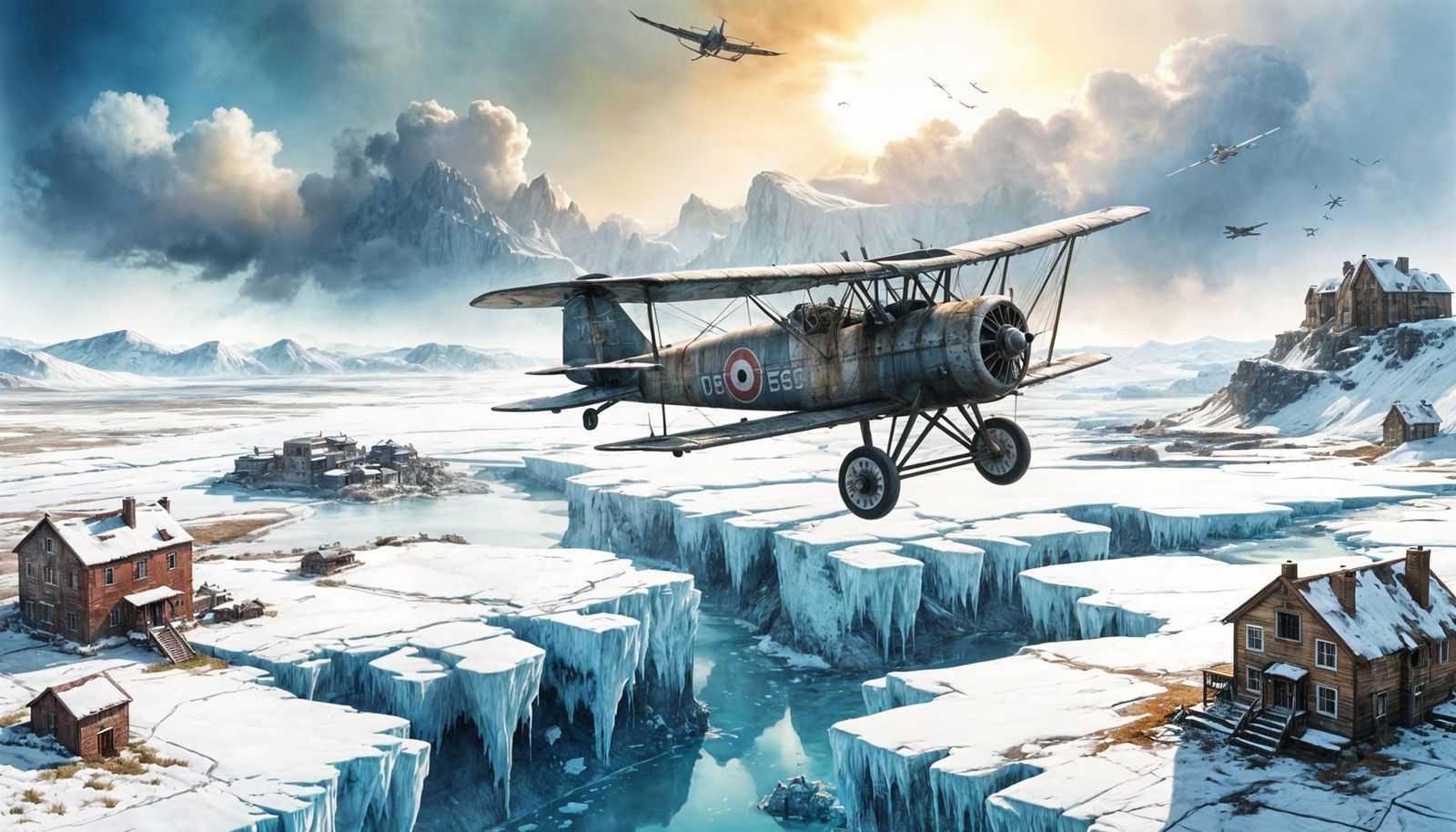 Passenger Biplane Flies Over Frozen Wasteland, Watercolor St...