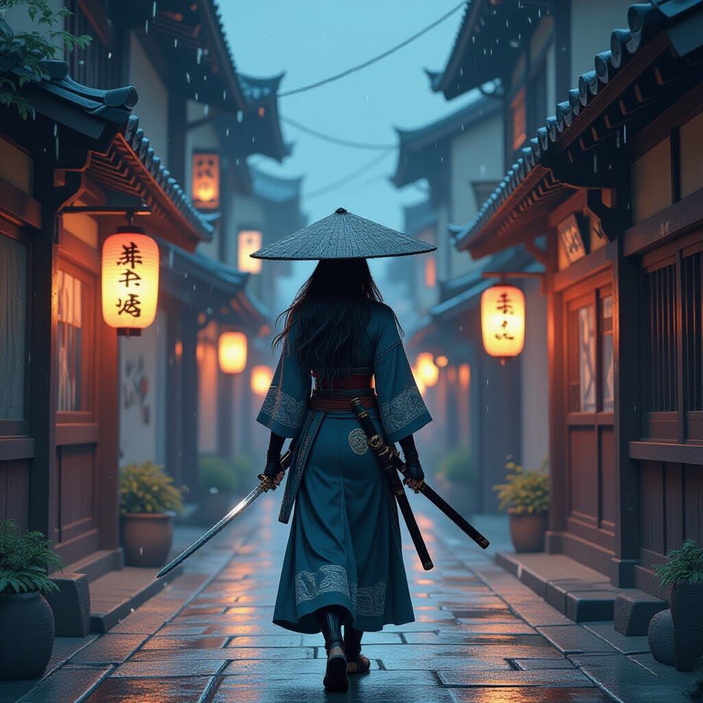 Female Samurai in Lantern-Lit Alley, Ukiyo-e Fantasy Style
