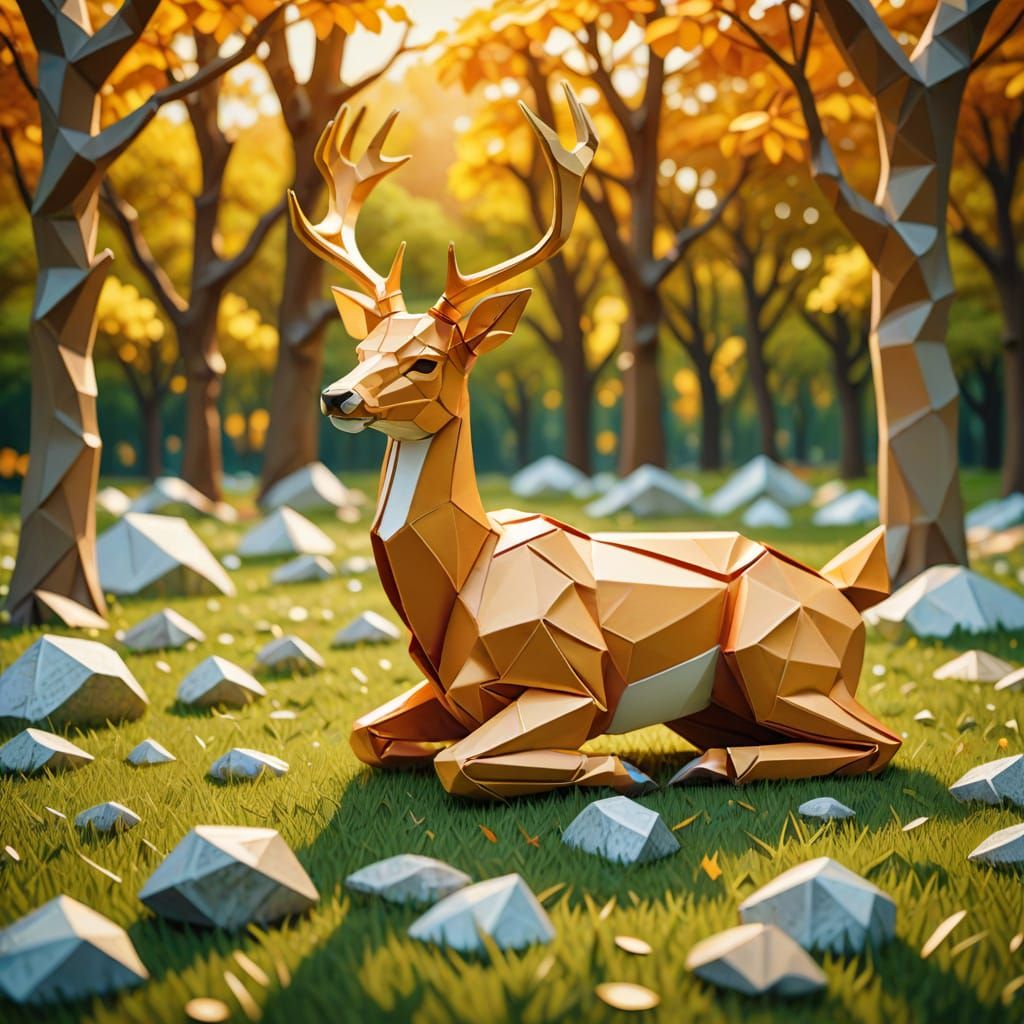 Hyper-Realistic Origami Deer in Golden Light