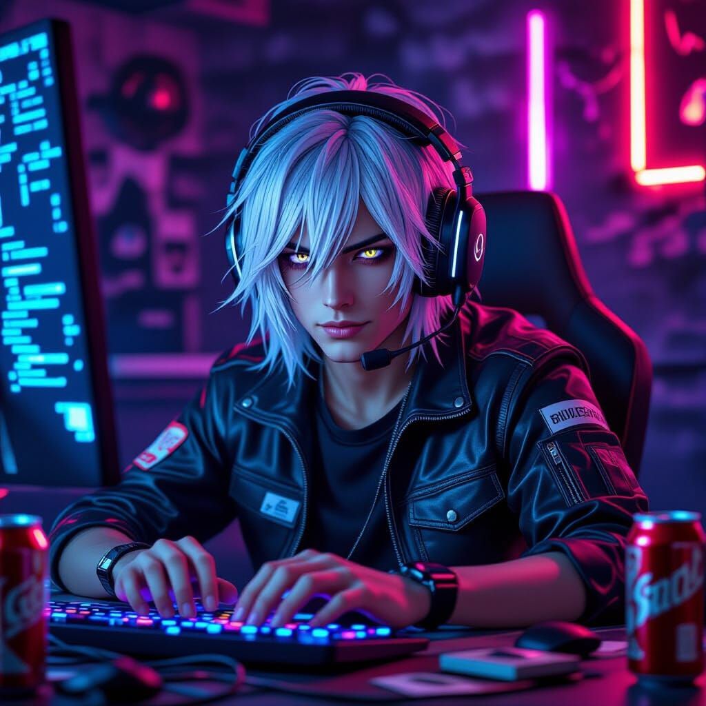 Hacker in Neon-Lit Room Inspired by Syd Mead