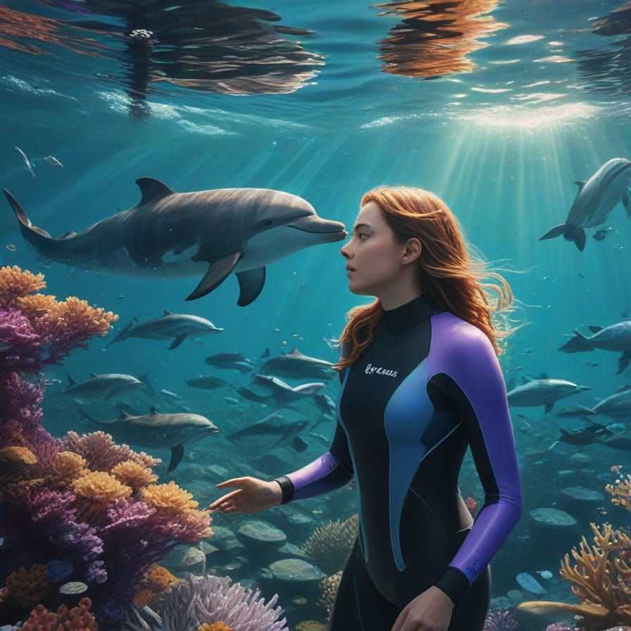 Surreal Underwater World with Sunbeams and Dolphin Encounter
