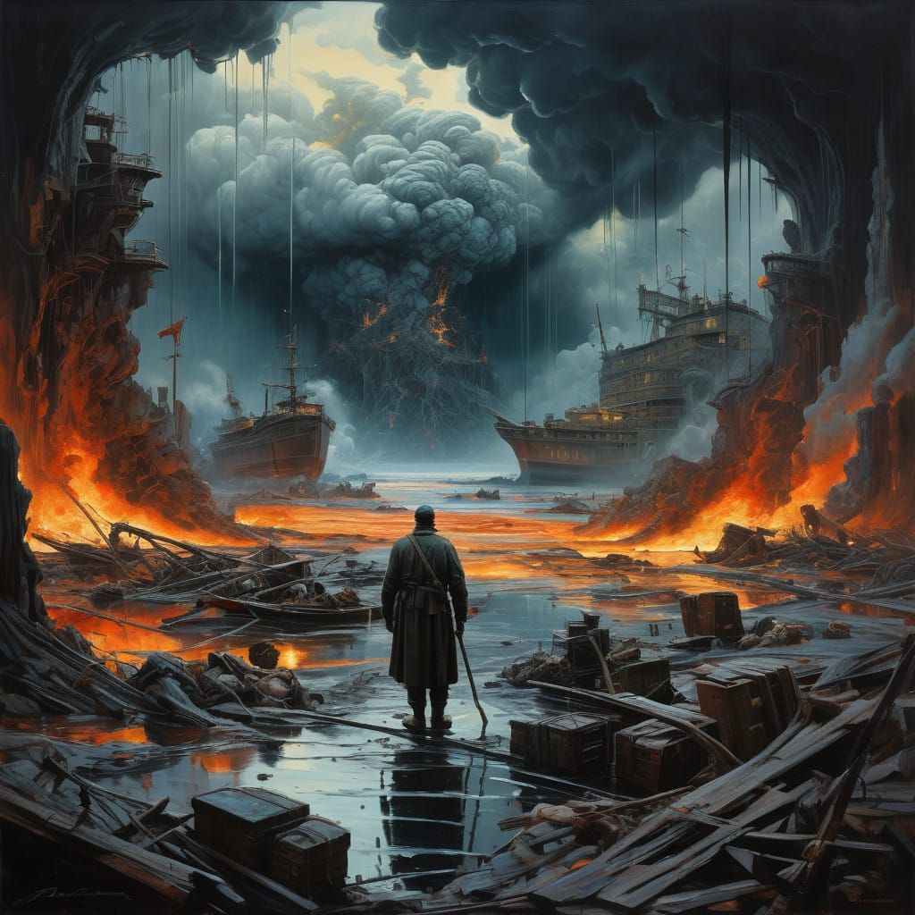 Dramatic Apocalypse Unfolds in a Surreal, Dreamlike Oil Pain...